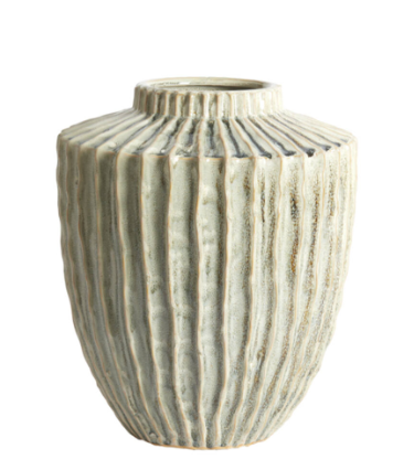 Ribbed Ceramic Vase - Olive, Cream