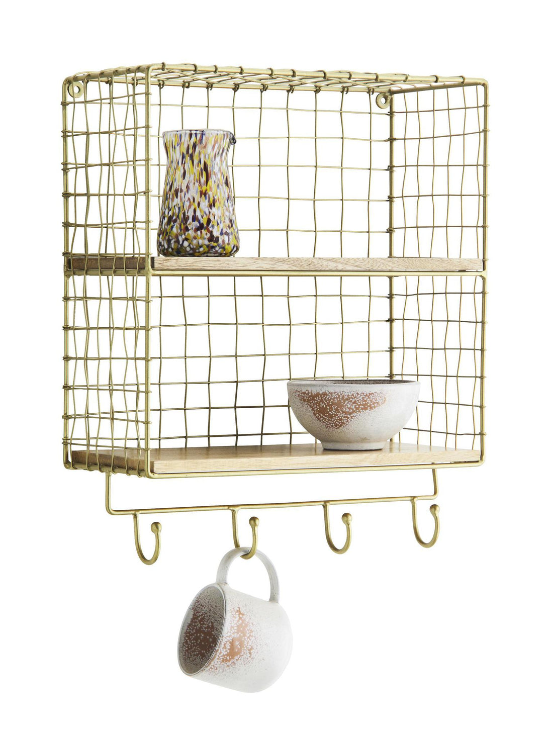 iron wall shelf with hooks - antique brass