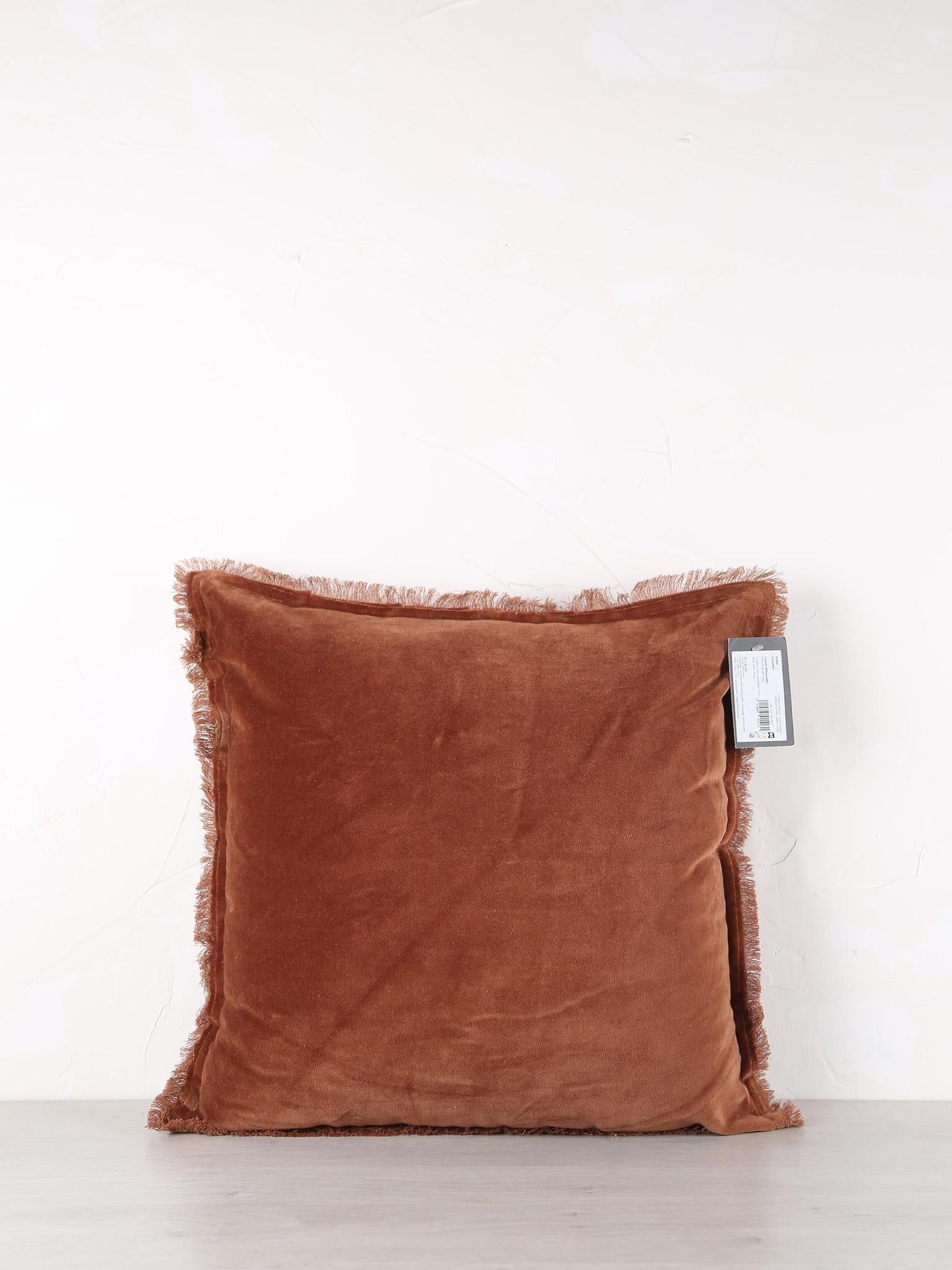 Fara Fringed Velvet Cushion - Caramel - 3 Sizes Available