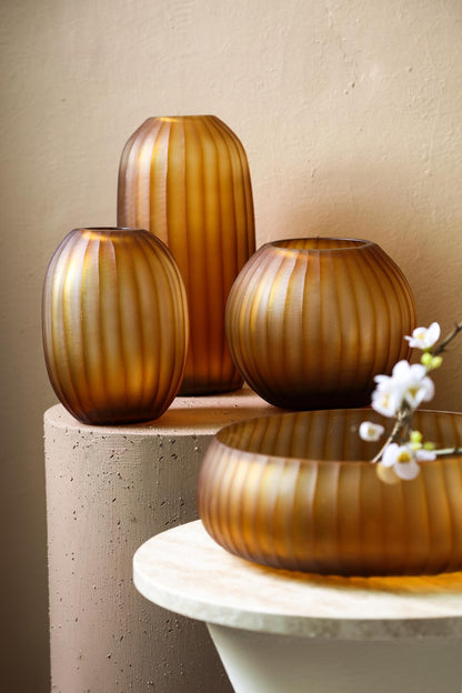 Lavanya Brown Carved Glass Round Vase Ribbed Low