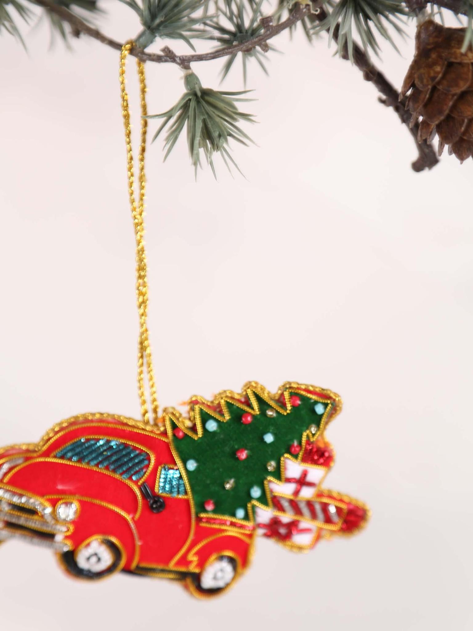 Santian Red fabric car with tree hanger with beads