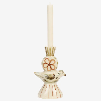 Hand Painted Ceramic Candle Holder - Bird Accent