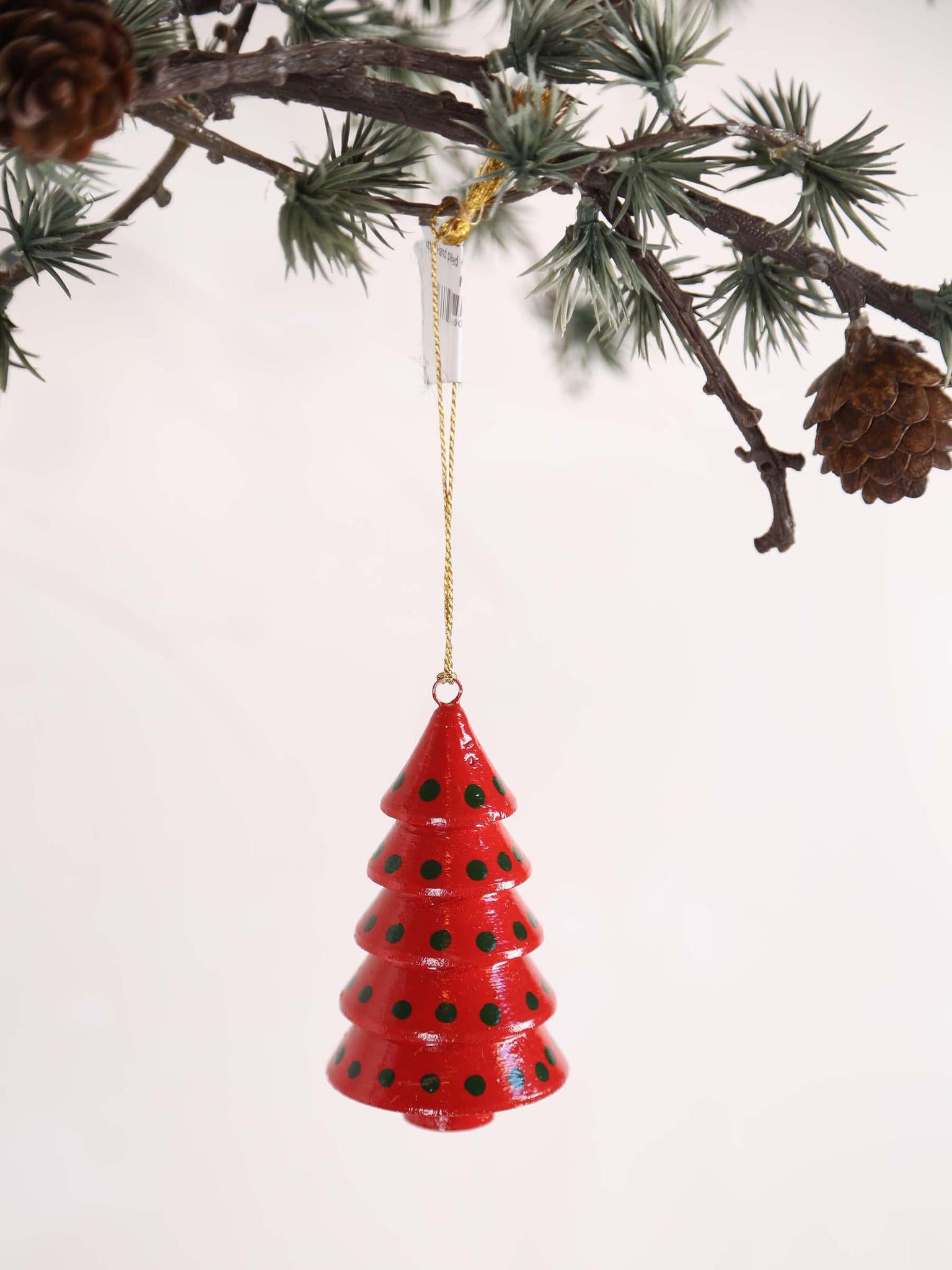 Dotted Hand painted Christmas Tree Ornament - Red