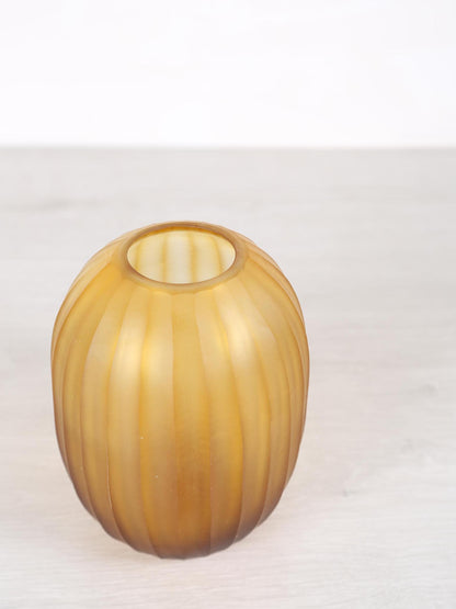 Lavanya Brown Carved Glass Round Vase Ribbed Low