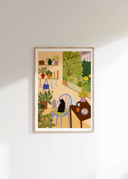 Patio Dreams Art Print | Black Cat Wall Art