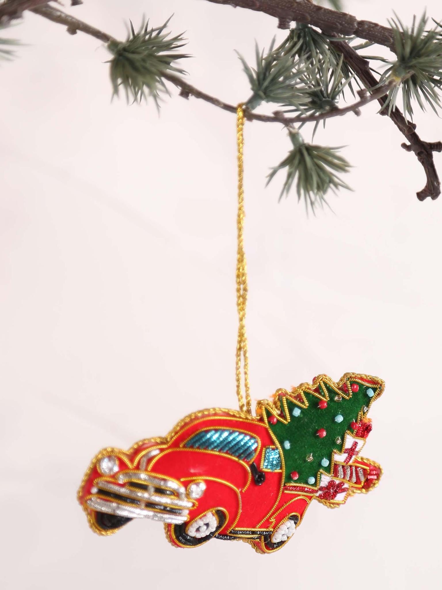 Santian Red fabric car with tree hanger with beads