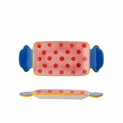 Bloomingville Caramella Multi Serving Plate, a fun candy-shaped dish, pink with red polka dots and blue wrapped ends.
