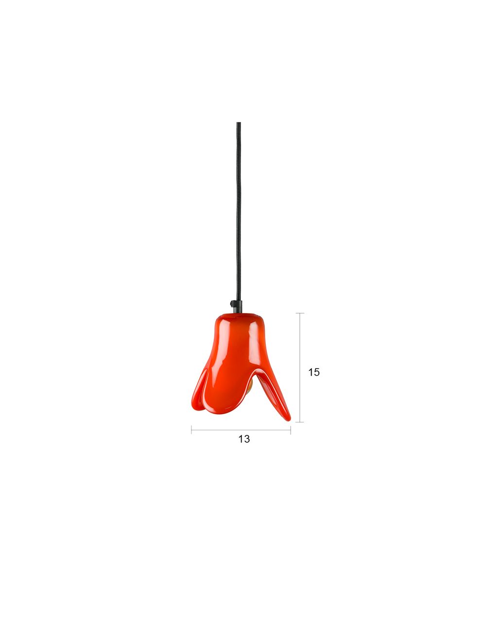 Dutchbone Pendant Lamp Gable, a vibrant red glass bell-shaped light fixture with a black cord, shown with dimensions.