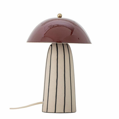 Arvid Stoneware Table Lamp by Bloomingville with brown mushroom shade, beige base, and black stripes.