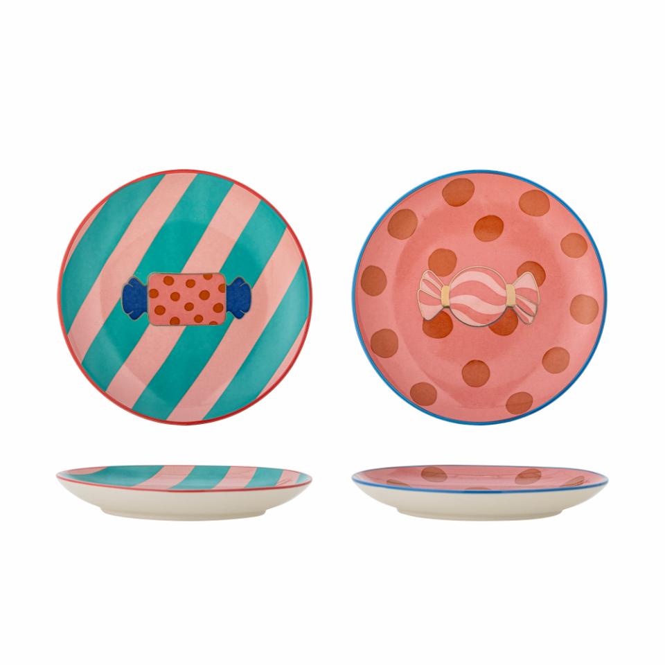 Bloomingville Caramella Plate Set of 2. Multi-colored ceramic plates with candy illustrations, stripes, and polka dots.