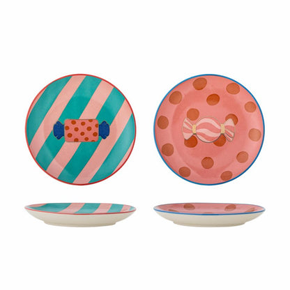 Bloomingville Caramella Plate Set of 2. Multi-colored ceramic plates with candy illustrations, stripes, and polka dots.