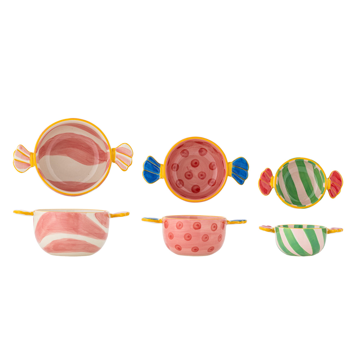 Bloomingville Caramella Bowl Set of 3: multi-colored, candy-shaped bowls with pink stripes, red dots, and green stripes.