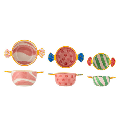 Bloomingville Caramella Bowl Set of 3: multi-colored, candy-shaped bowls with pink stripes, red dots, and green stripes.
