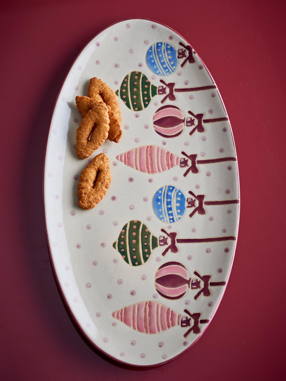 Bloomingville Ornamentia Red Serving Plate with colorful Christmas ornament designs &amp; festive cookies.