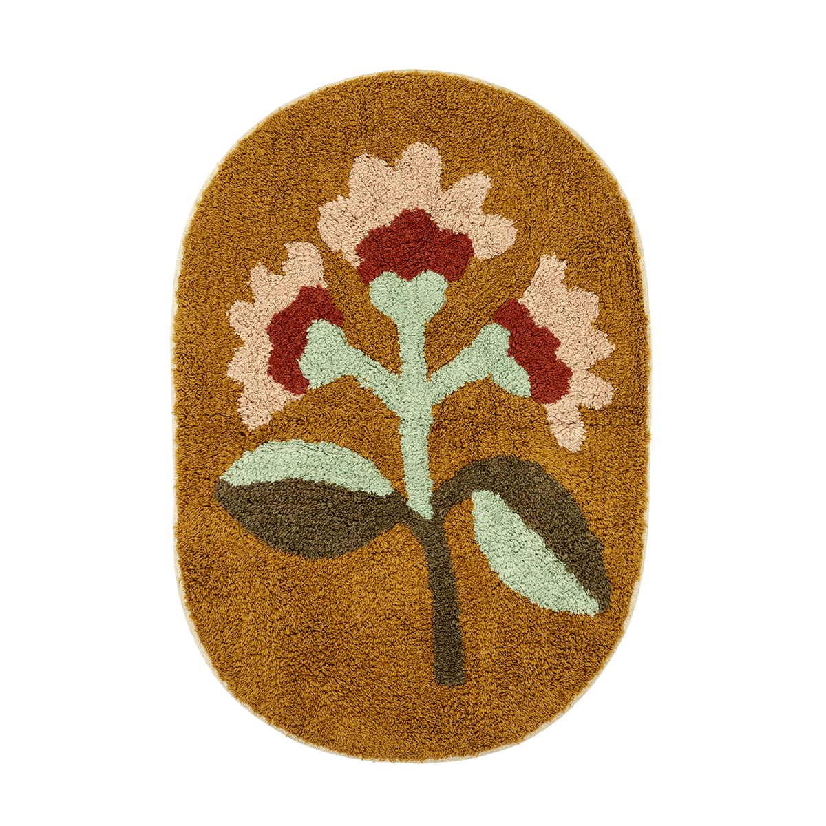 Oval Tufted Bath Mat by Madam Stoltz with a floral design, featuring light pink and red flowers with green leaves on a mustard background.