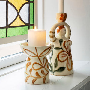 Madam Stoltz Hand-Painted Ceramic Candle Holders, featuring floral designs &amp; unique figural candlestick.