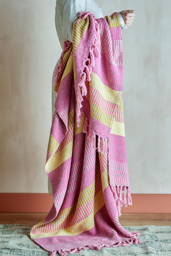 Isnel Throw - Stripe Printed - Recycled Cotton - Warm Yellow, Pink