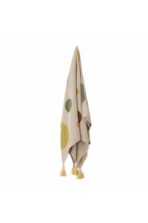 Clennie Throw  - Recycled Cotton - Olive, Peach Circled Print