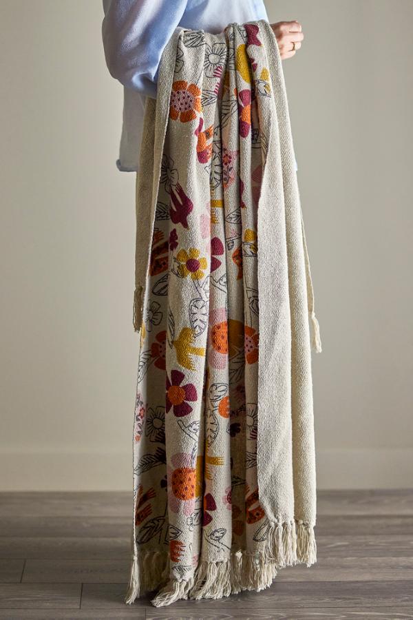 Vivielle Throw - Floral Block Print - Recycled Cotton - Cream Tones