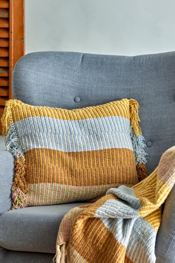 Isnel Throw  - Recycled Cotton - Striped Pale blue, Warm Ochre