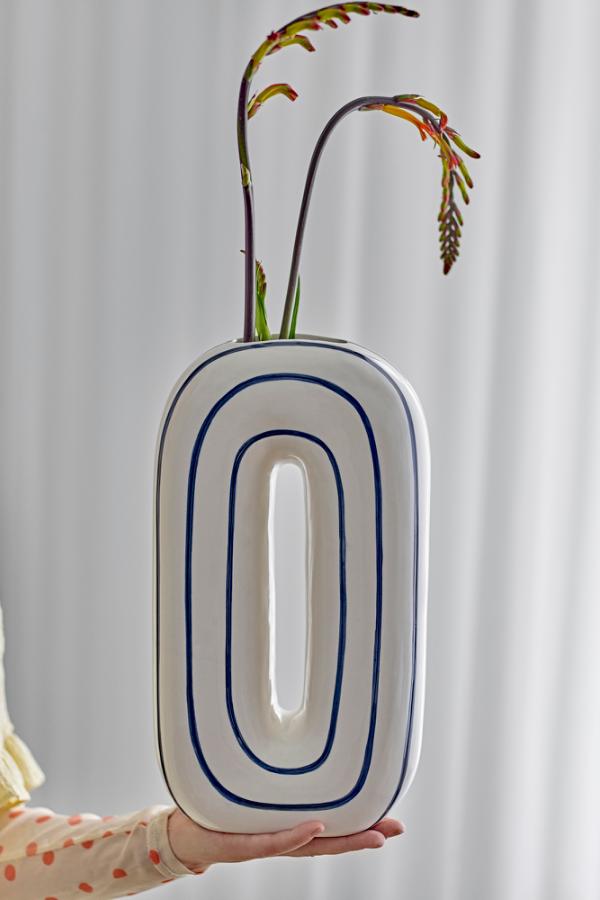 Mae Rounded Check Vase - Blue Lined - Ceramic