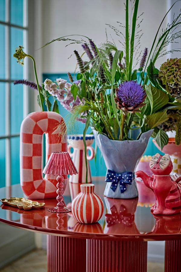 Mae Rounded Check Vase - Pink, Orange - Ceramic