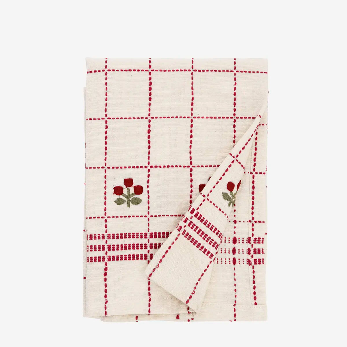 Embroidered Kitchen Tea Towel - Red Off White