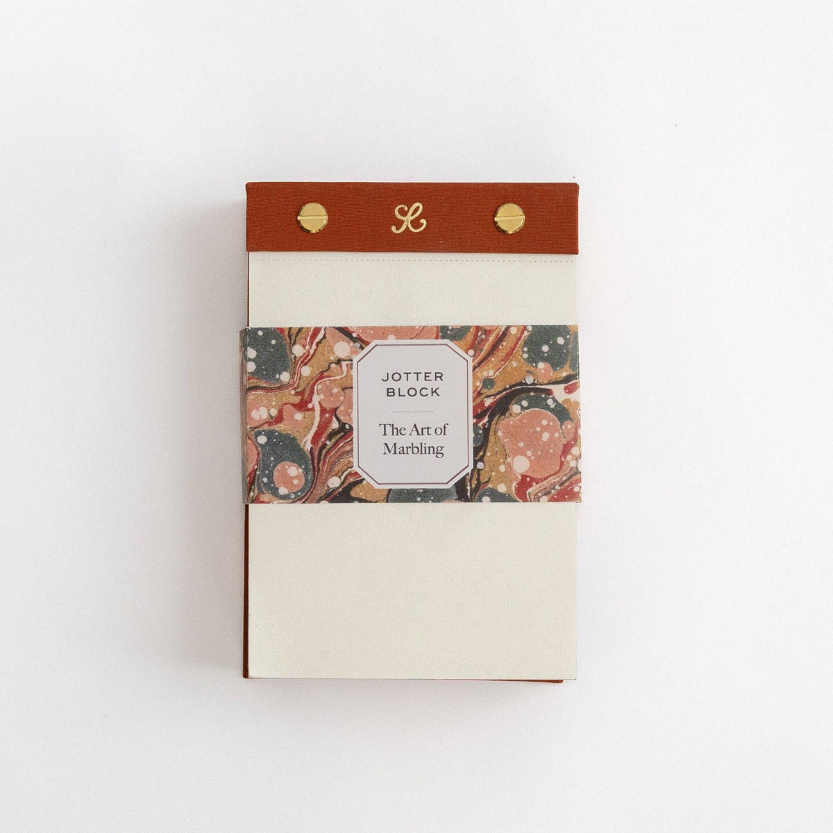 Jotter Block "The Art of Marbling" by Roomytown with a brown fabric top, gold details, and a colorful marbled paper band.