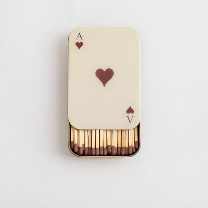 Roomytown Matches in Tin, featuring an Ace of Hearts playing card design, filled with brown-tipped matches.