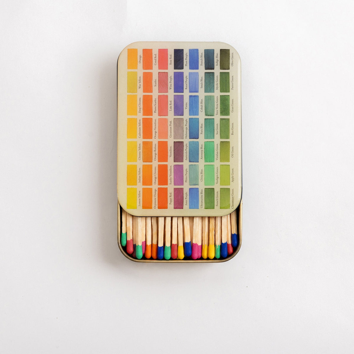 Roomytown Matches in Tin with colorful tips and a detailed color chart inside the lid, showcasing yellow, orange, red, purple, blue, and green shades.