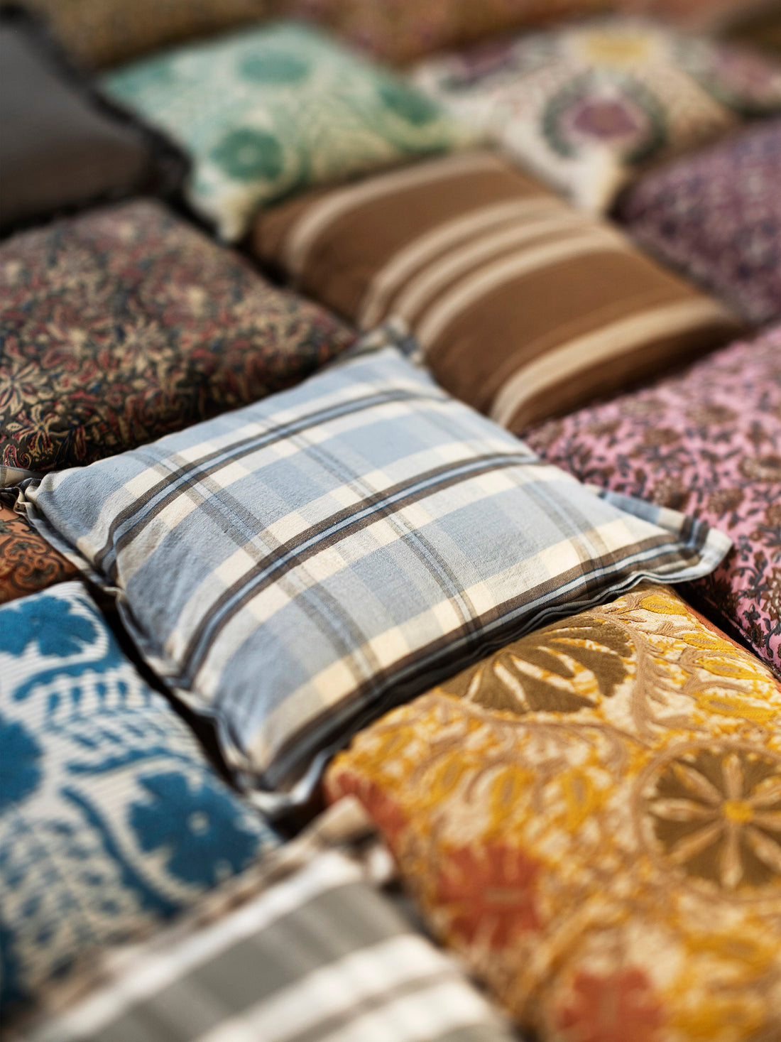 Checked Cotton Cushion - Light Blue, Taupe, Off White, Navy