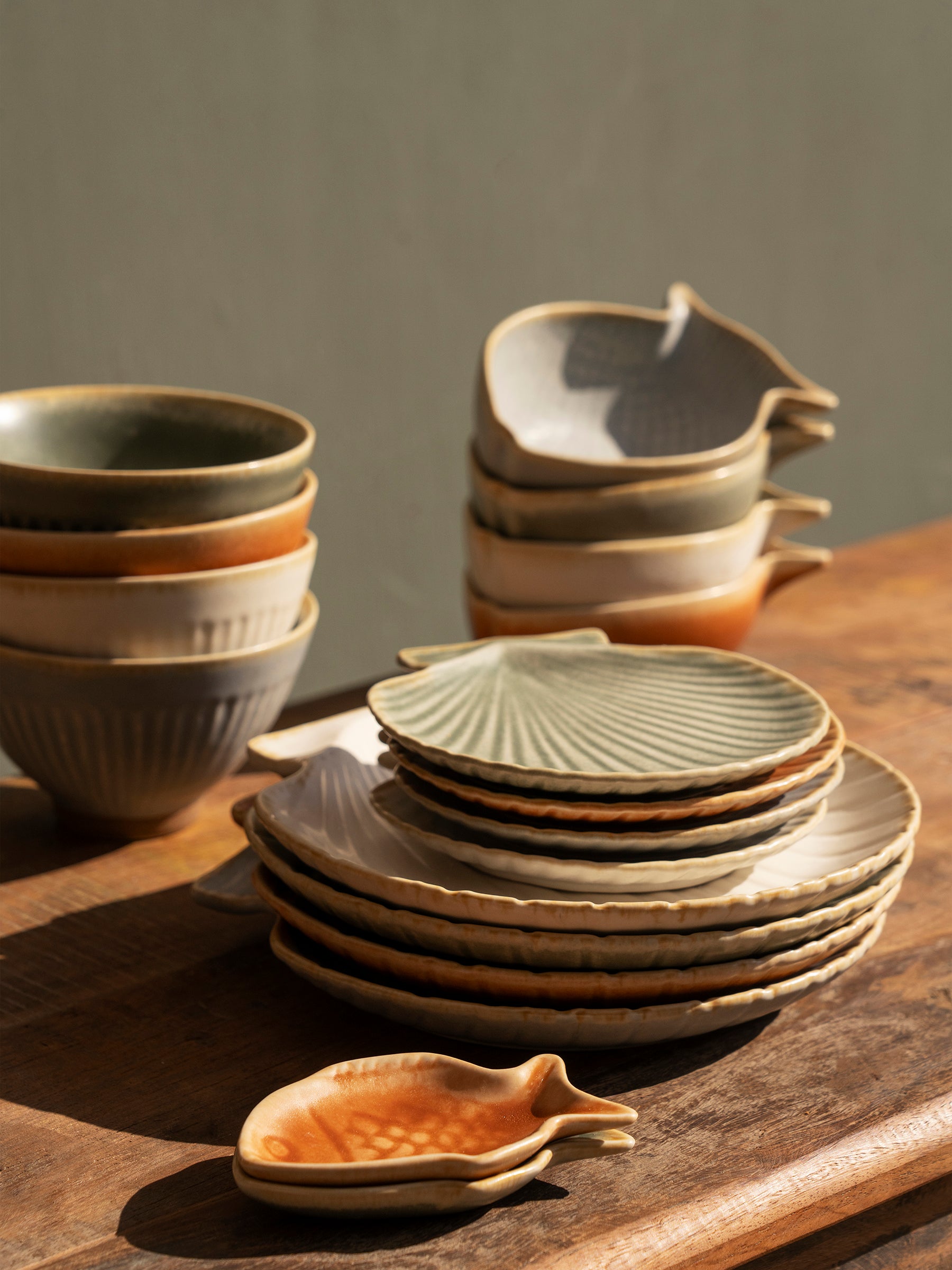 Decorative Fish Stoneware Bowl - Glazed Green