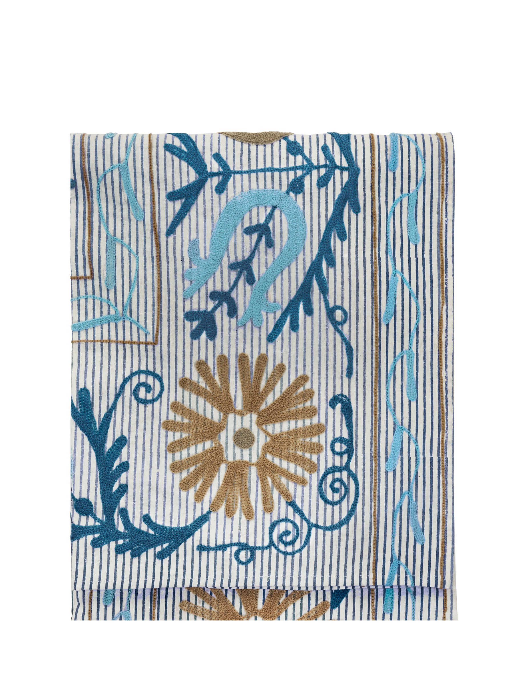 Suzani Embroidered Cotton Throw - Striped Blue