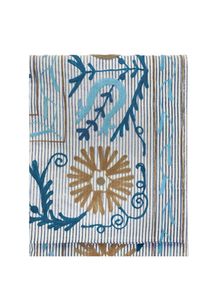 Suzani Embroidered Cotton Throw - Striped Blue