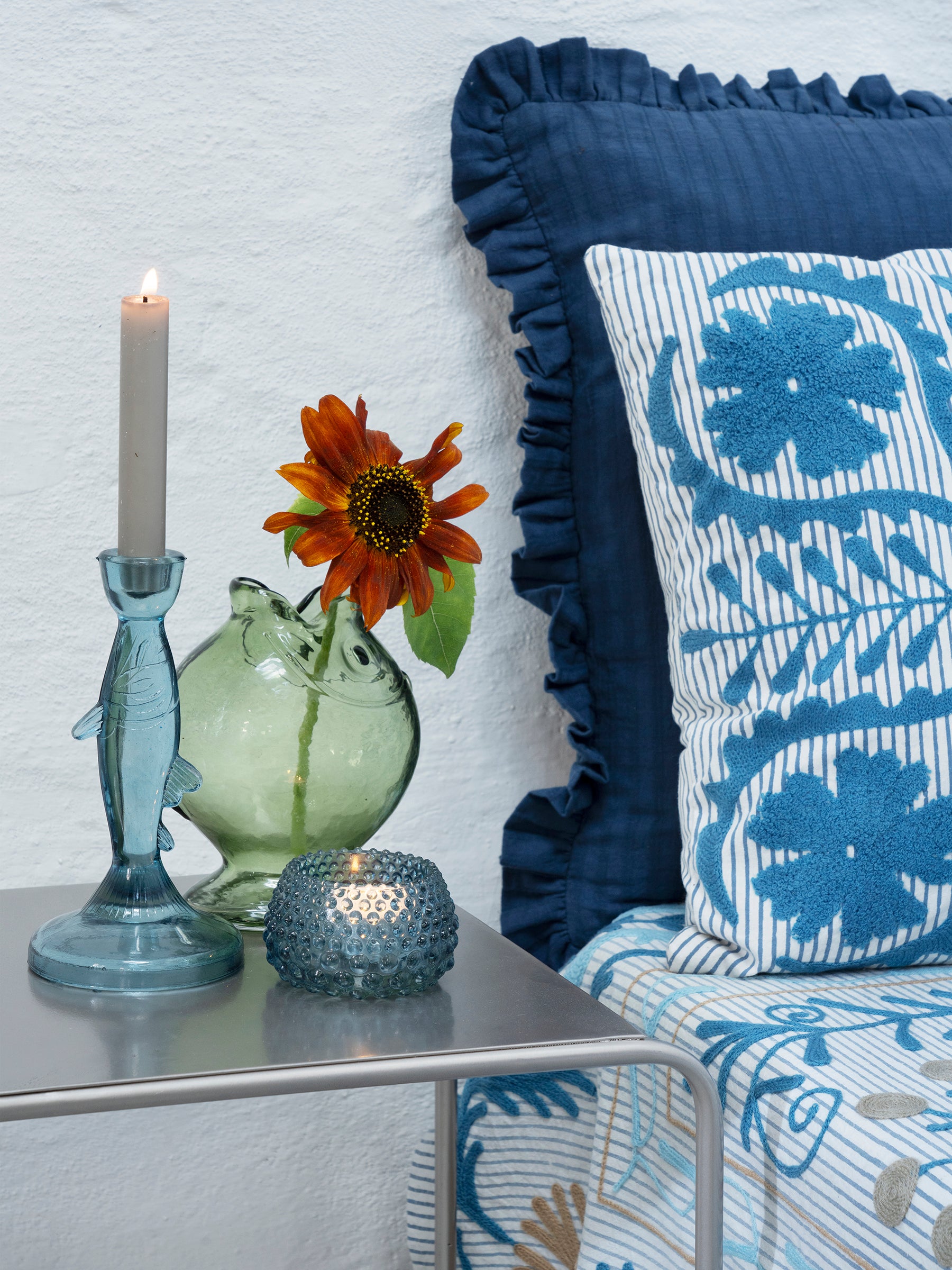 Suzani Embroidered Cotton Throw - Striped Blue