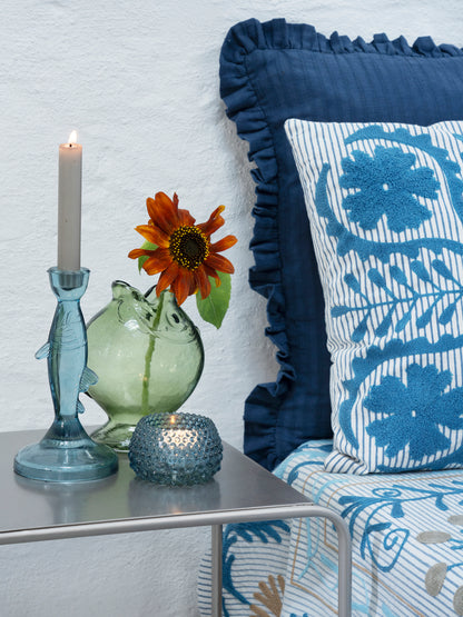 Suzani Embroidered Cotton Throw - Striped Blue