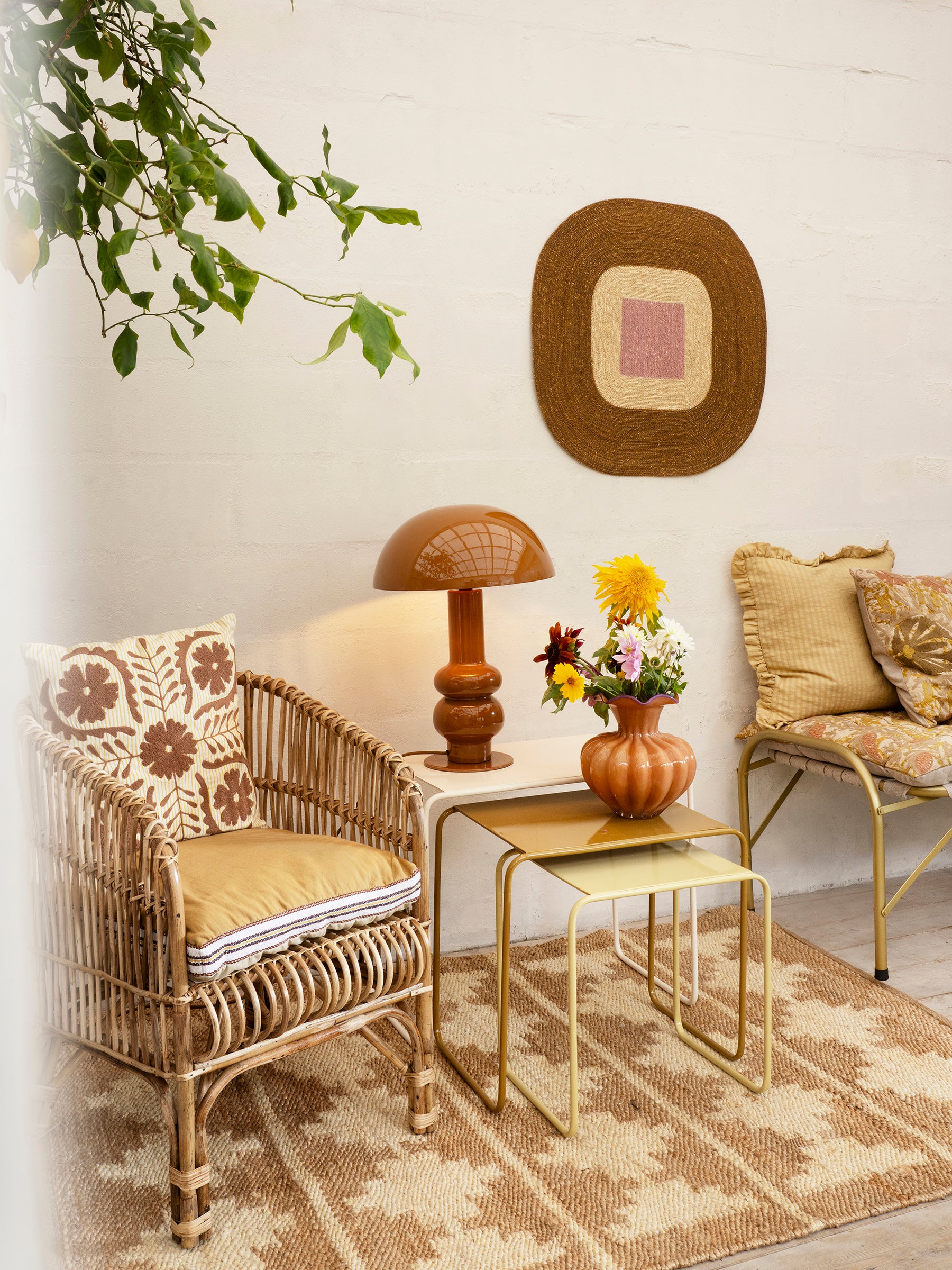 Suzani Embroidered Cushion - Striped Brown. Ochre