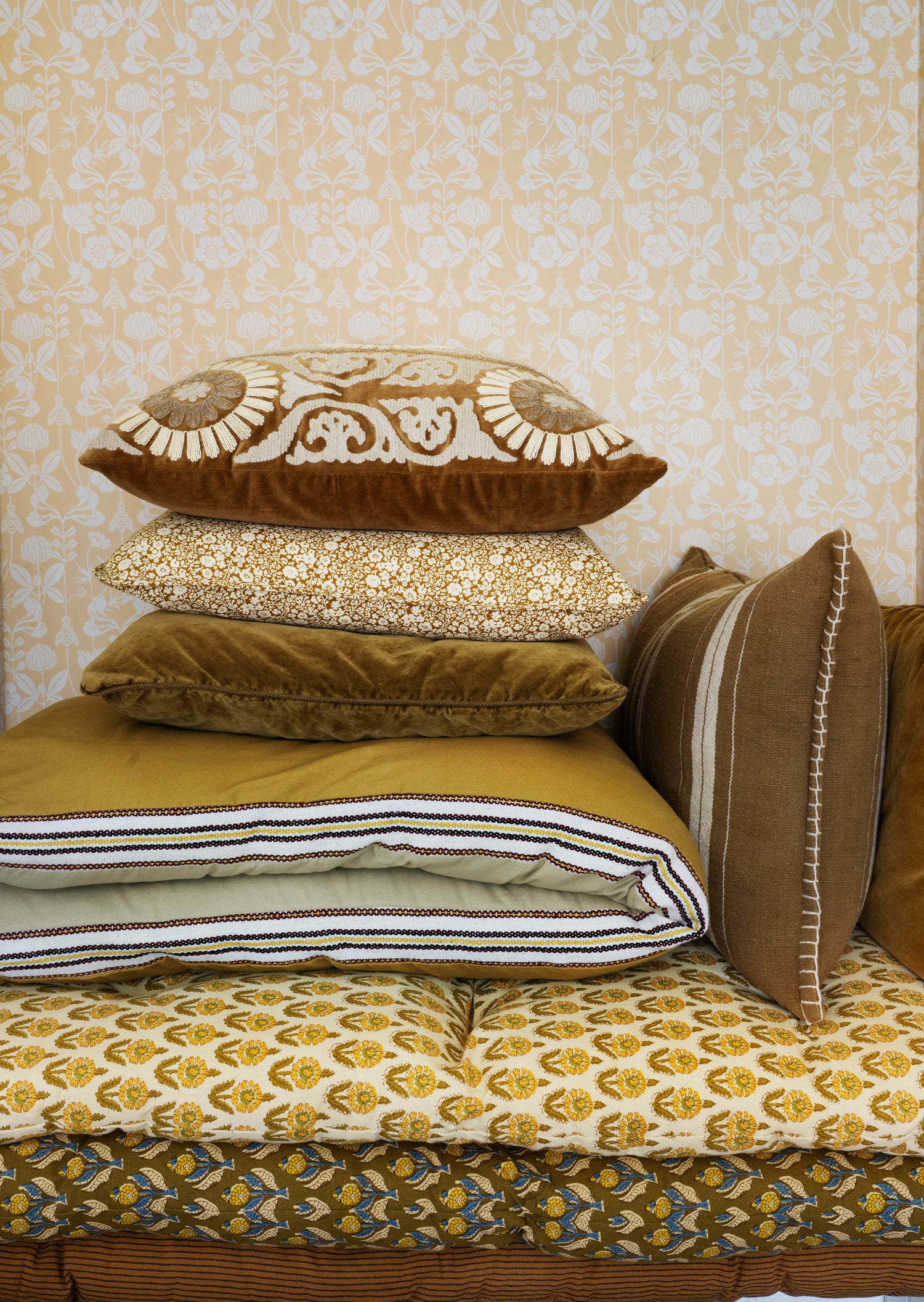 Rua Block Print Inspired Cushion - Caramel, Ochre