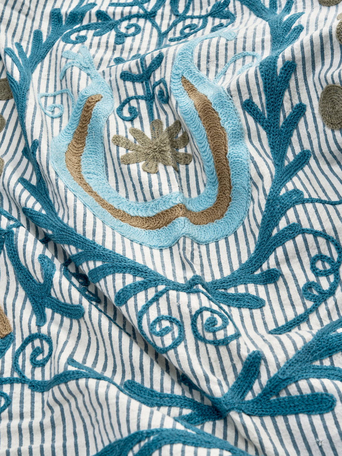 Suzani Embroidered Cotton Throw - Striped Blue