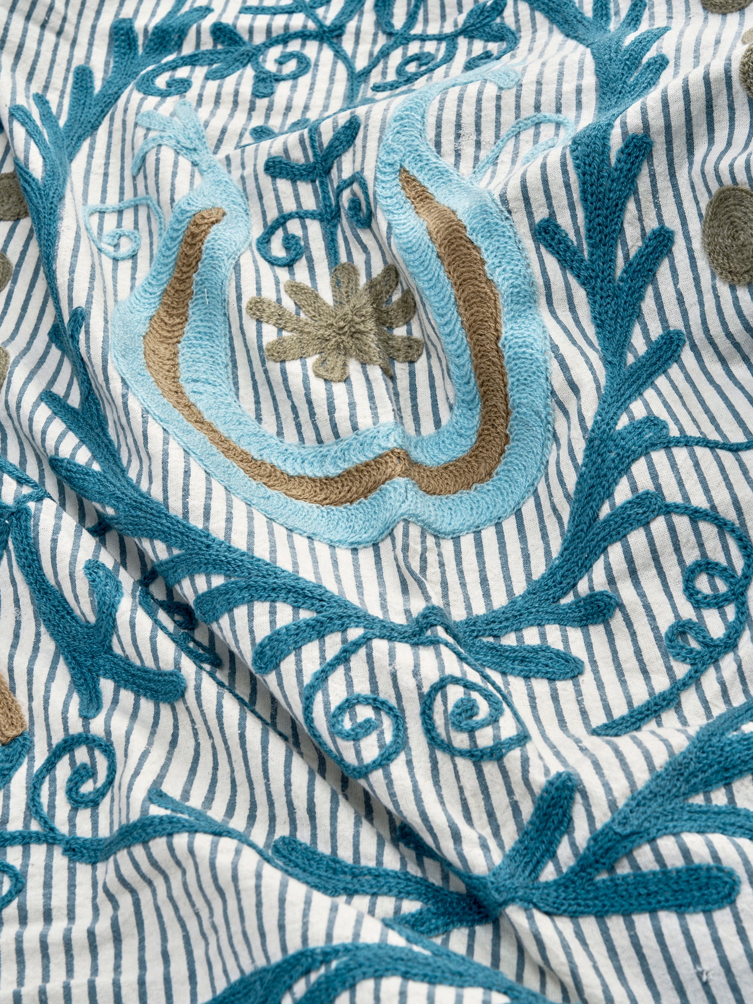 Suzani Embroidered Cotton Throw - Striped Blue