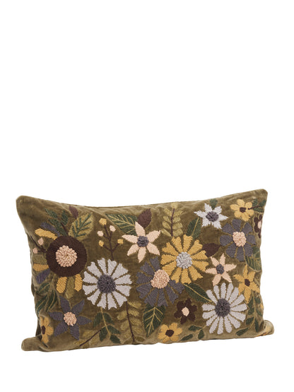 Embroidered Floral Velvet Cushion - Dark Olive, Multi