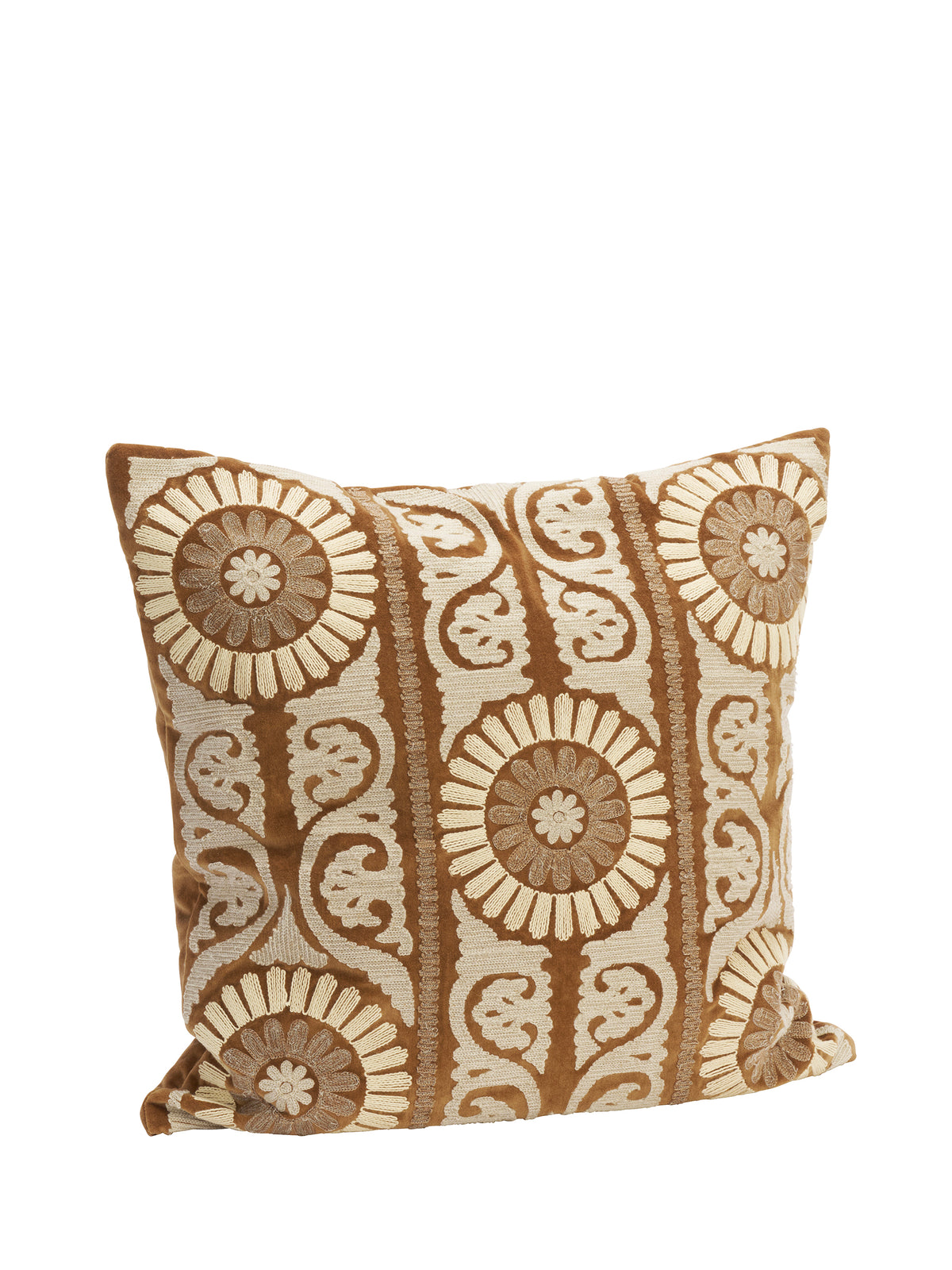 Suzani Embroidered Velvet Cushion - Caramel