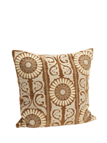 Suzani Embroidered Velvet Cushion - Caramel
