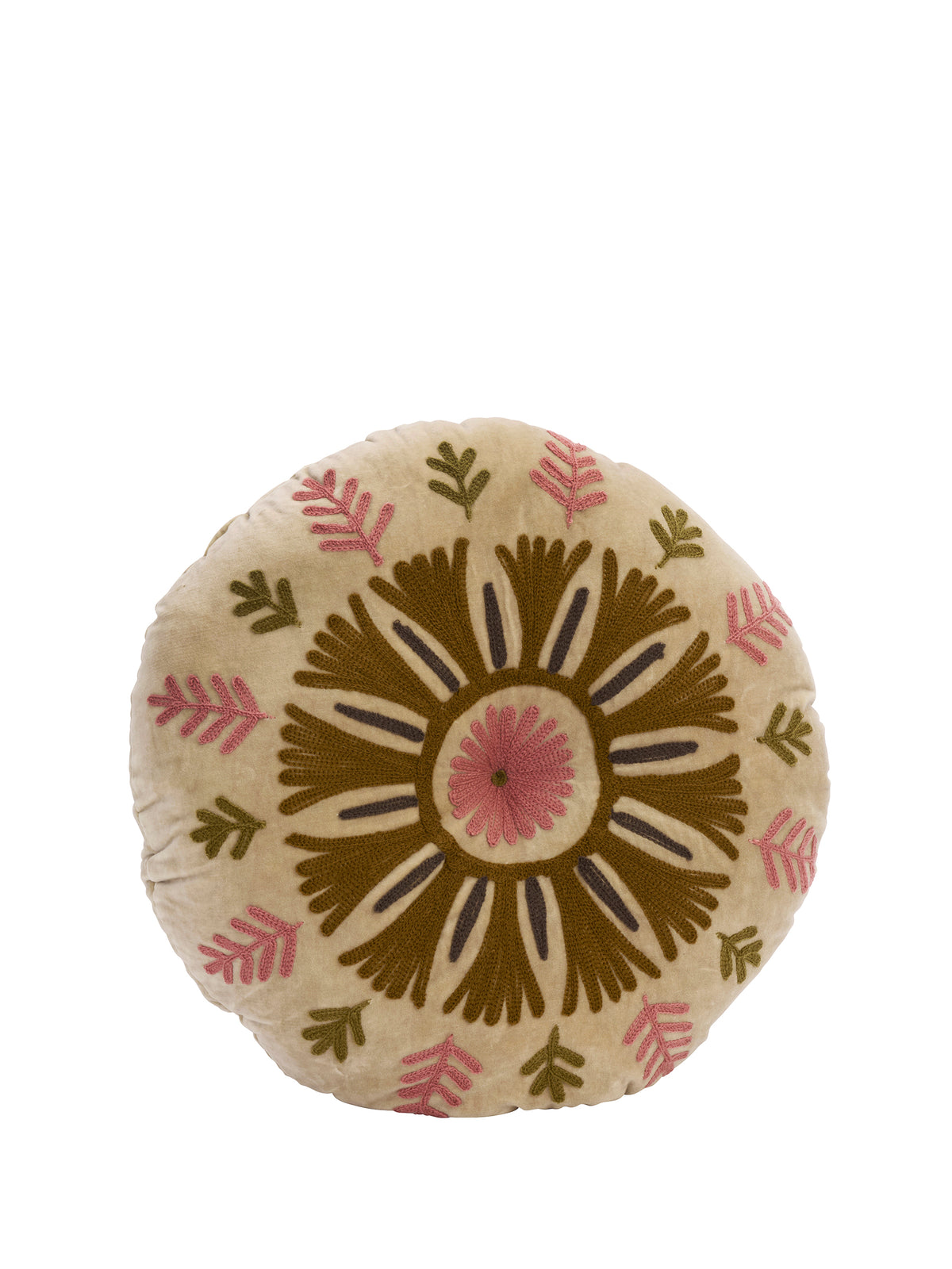 Suzani Floral Embroidered Velvet Bolster Cushion - Peach