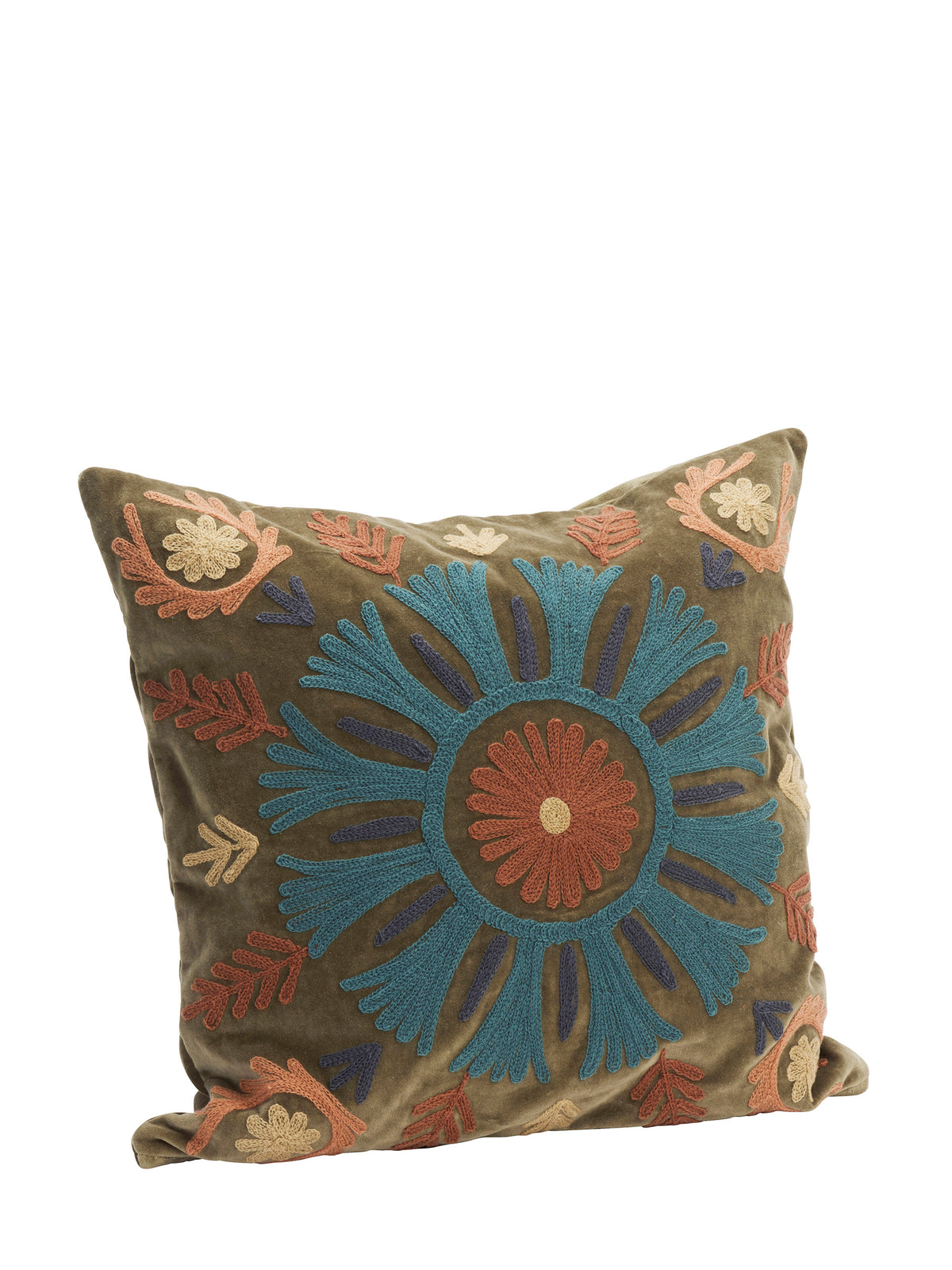 Deep Olive Suzani Embroidered Cushion