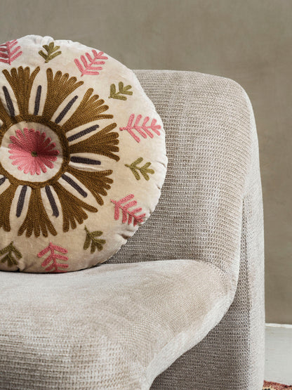 Suzani Floral Embroidered Velvet Bolster Cushion - Peach