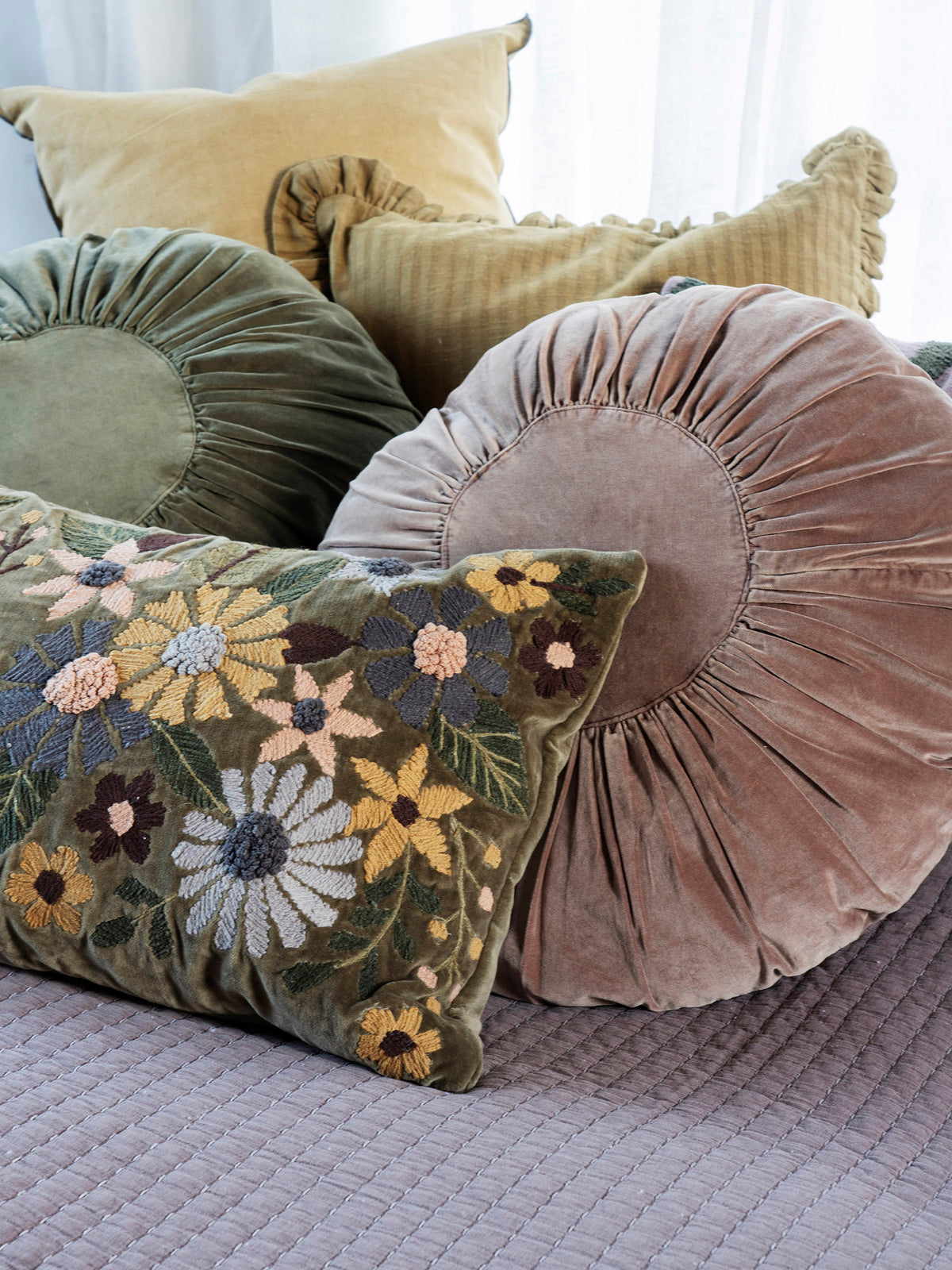 Embroidered Floral Velvet Cushion - Dark Olive, Multi