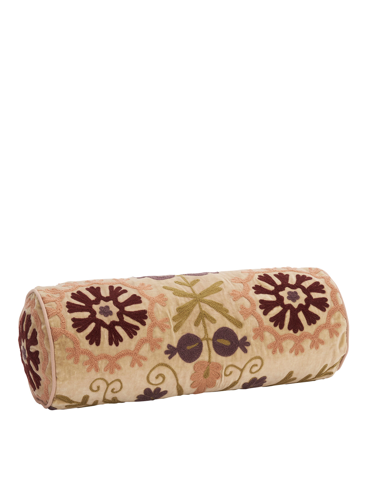 Suzani Embroidered Velvet Bolster Cushion - Merlot