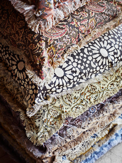 Sand, Olive &amp; Mustard Printed Cushion with Fringe