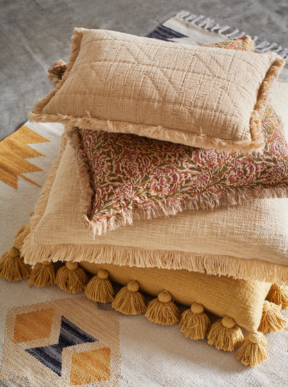 Paisley Printed Cushion with Fringe - Honey, Rose, Green &amp; Off White